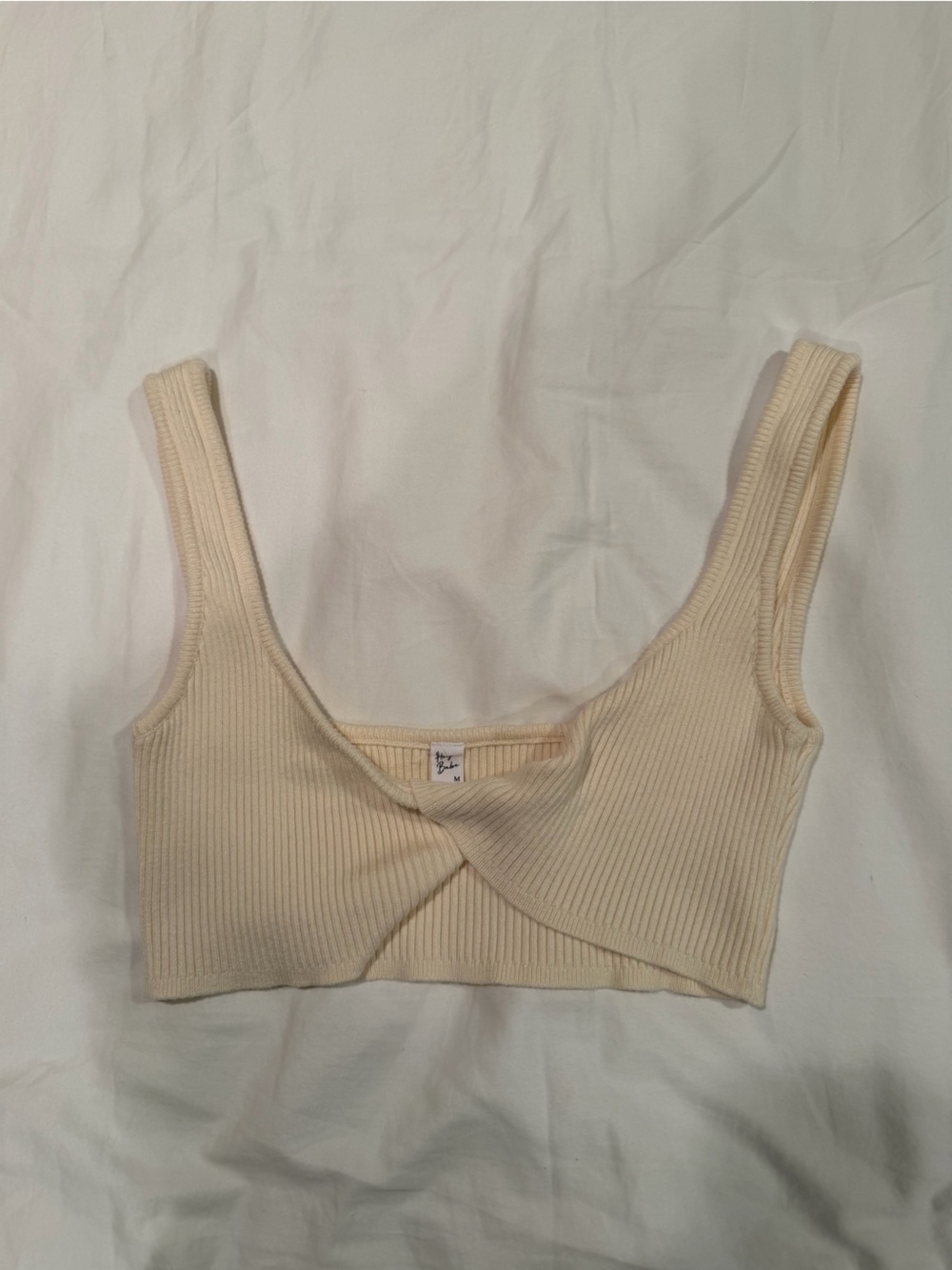Verge Girl Cream Ribbed Twist Front Crop Top